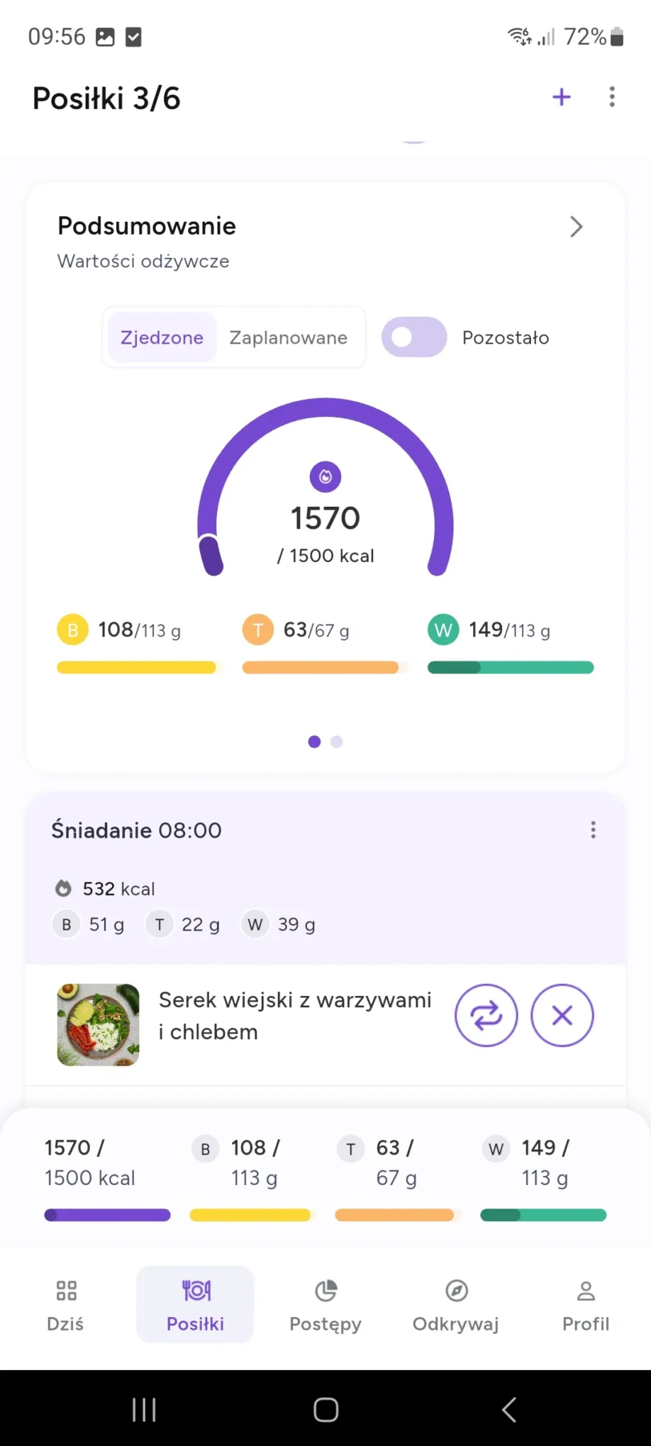 dzienne podsumowanie wszystkich spożytych kalorii i makroskładników