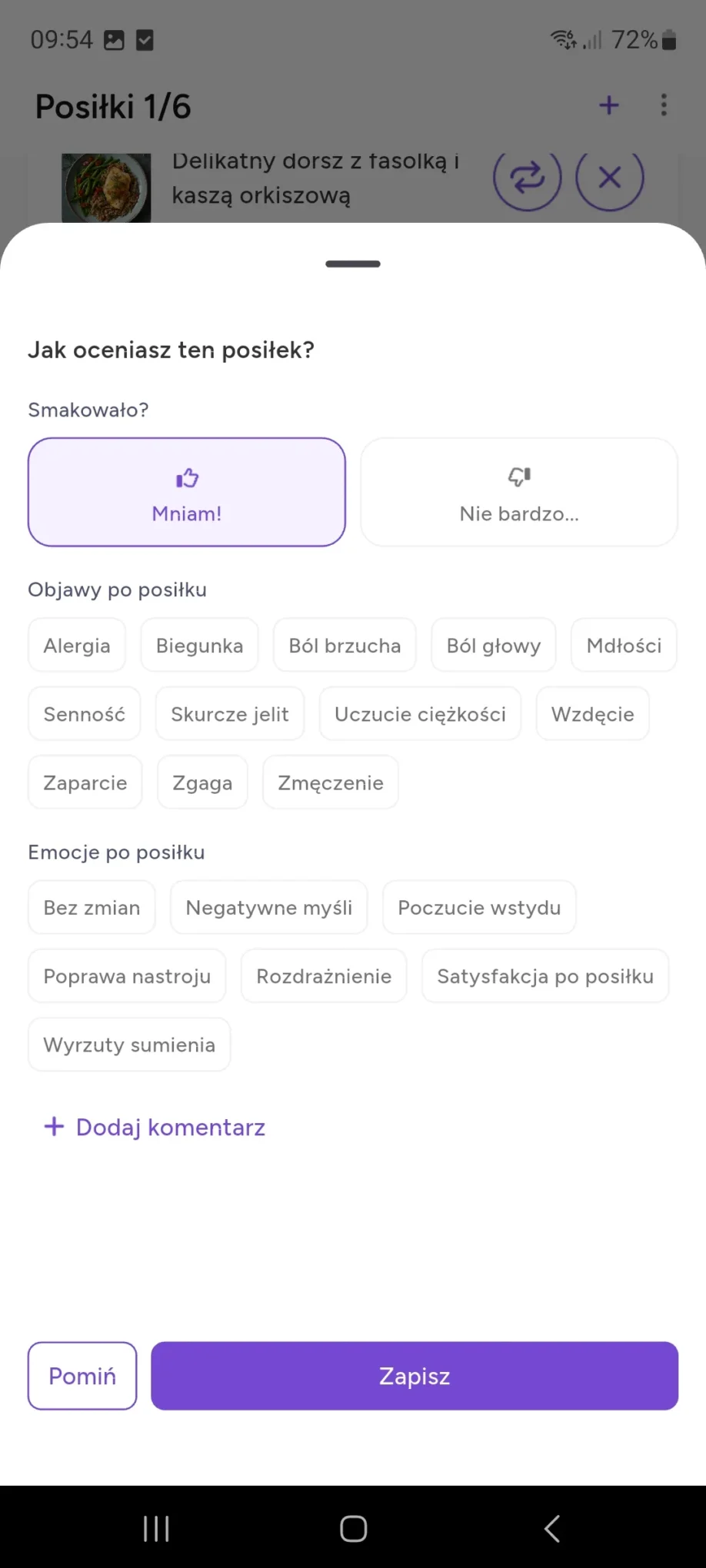 ocena samopoczucia po posiłku