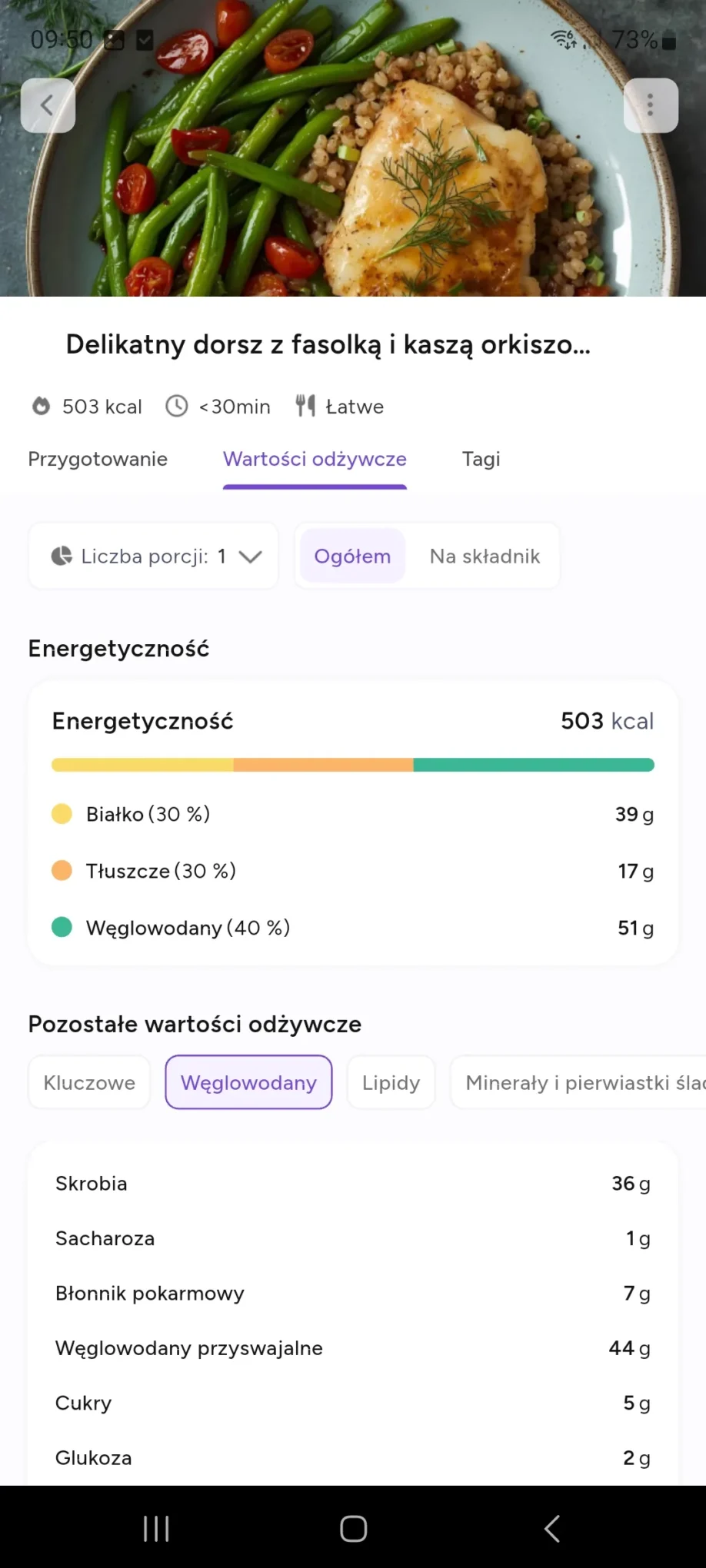 szczegóły makroskładników, witamin i minerałów w każdym posiłku