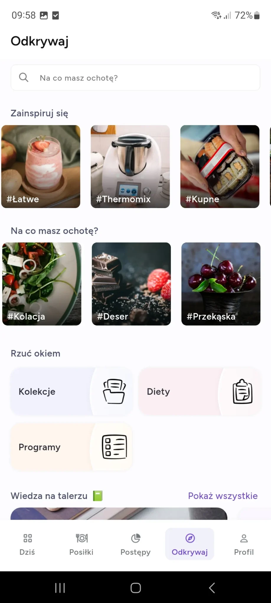 zakładka "odkrywaj" dostęp do materiałów edukacyjnych, diet i programów żywieniowych