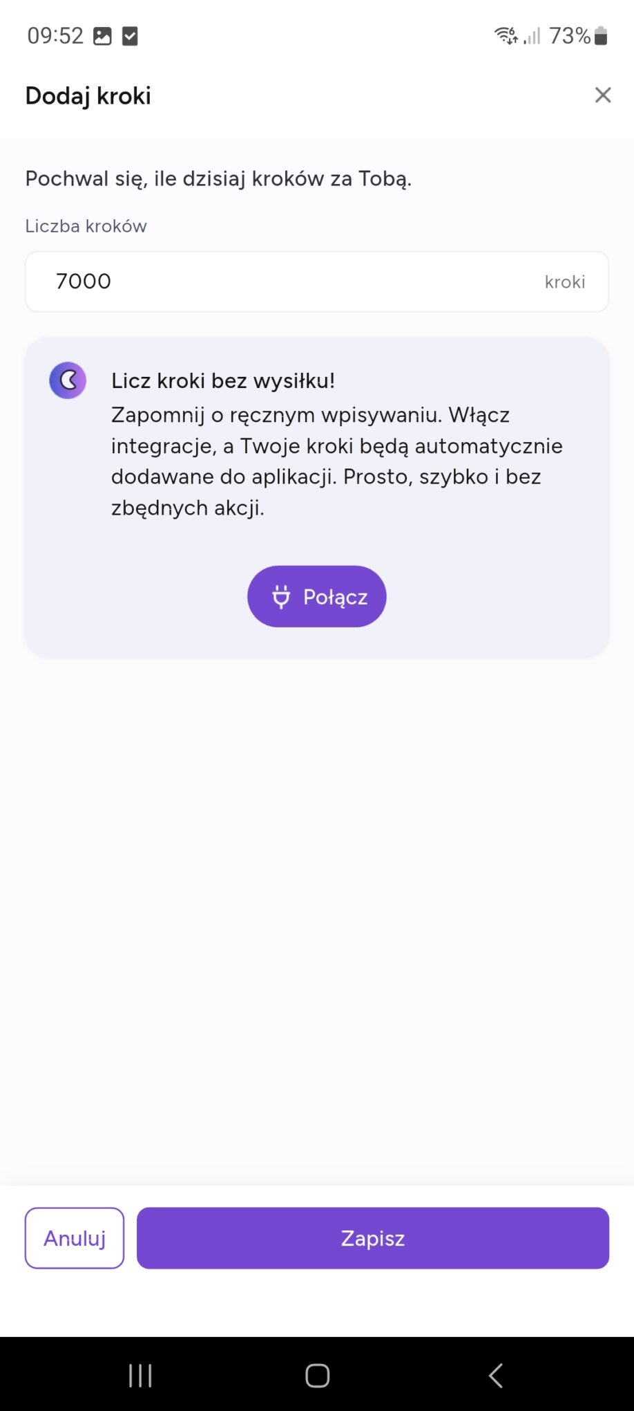 synchronizacja z apką i automatyczne liczenie kroków (można też wpisać ręcznie)